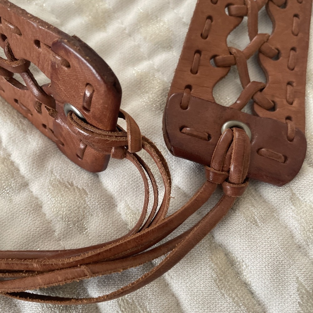 Vintage Woven LEATHER Fringe Tasseled Wrap 2" Wide Belt Women Large Cognac Brown - Picture 4 of 4
